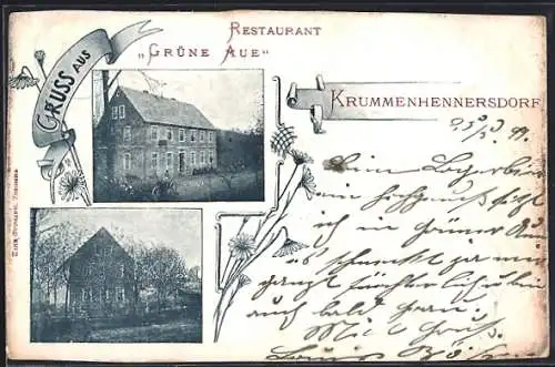AK Krummenhennersdorf, Restaurant Grüne Aue im Blumen-Passepartout