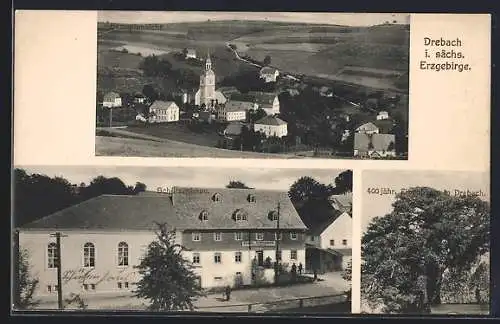 AK Drebach, Totalansicht, Gasthaus zum Schützenhaus, 400 jährige Eiche