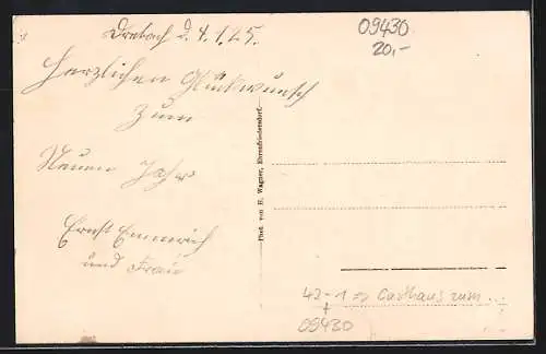 AK Drebach, Totalansicht, Gasthaus zum Schützenhaus, 400 jährige Eiche