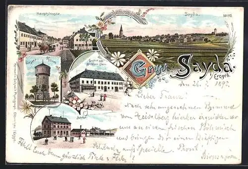 Lithographie Sayda i. Erzgeb., Gasthof zum goldnen Löwen, Wasserturm, Hauptstrasse und Bahnhof