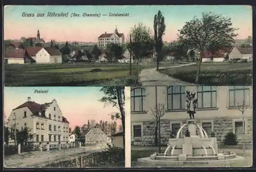 AK Röhrsdorf /Chemnitz, Postamt, Märchenbrunnen und Totalansicht
