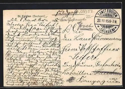 AK Sankt Egidien /Sachsen, Viadukt der Linie St. Egidien-Stollberg, Kaierl. Postamt und Kirche mit Lungwitzfluss