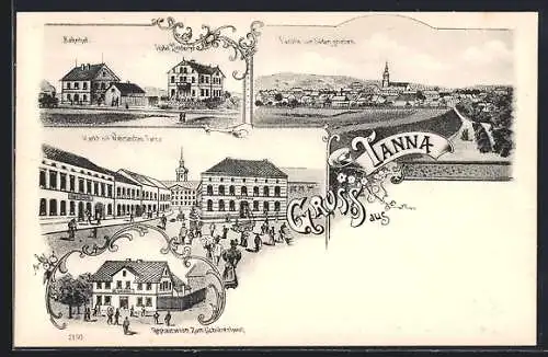 Lithographie Tanna, Bahnhof, Gasthaus zum Schützenhaus, Totalansicht