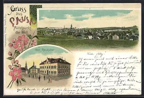 Lithographie Pausa, Hotel Ratskeller, Totalansicht