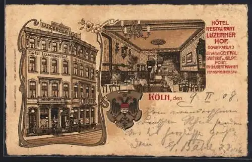 Lithographie Köln, Hotel-Restaurant Luzerner Hof mit Innenansicht, Dominikanerstr. 3