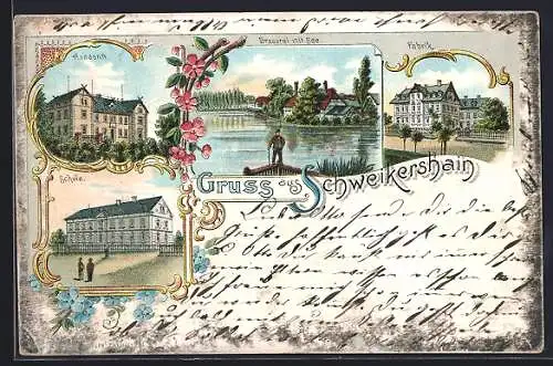 Lithographie Schweikershain, Brauerei mit See, Fabrik, Annastift, Schule