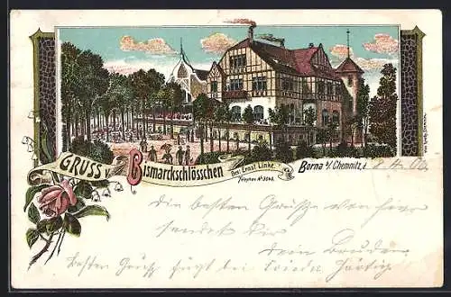 Lithographie Borna / Chemnitz, Gasthof Bismarckschlösschen von Ernst Linke