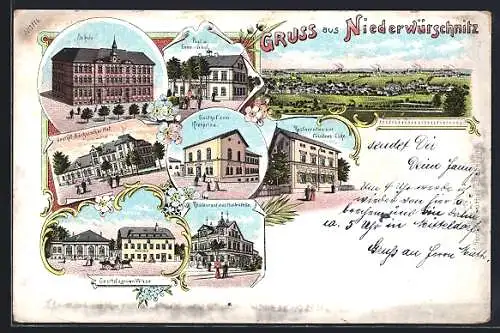 Lithographie Niederwürschnitz, Gasthof zum Kronprinz, Gasthof z. grünen Wiese, Gasthof Sächsischer Hof
