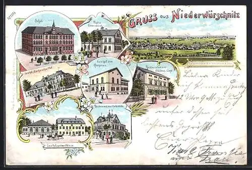 Lithographie Niederwürschnitz, Gasthof zum Kronprinz, Gasthof z. grünen Wiese, Gasthof Sächsischer Hof