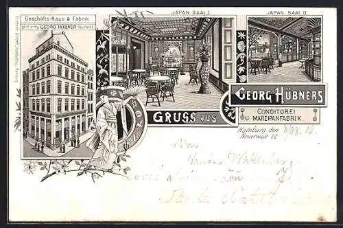 Lithographie Hamburg-Neustadt, Gasthaus Georg Hübner, Neuerwall 22, Gebäude, Japan-Säle
