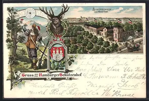 Lithographie Hamburg-Barmbek, Hamburger Schützenhof v. Hans Voss, Jäger m. Zielscheibe und Hirsch
