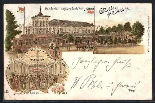 Lithographie Hamburg-Harburg, Hotel zur Wartburg v. Louis Plath mit Ball-Saal