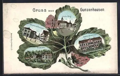 Passepartout-Lithographie Gunzenhausen, Distrikts-Krankenhaus, Hensolts-Höhe und Schranne mit Realschule im Kleeblatt
