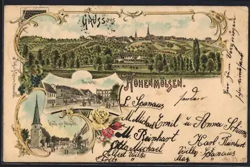 Lithographie Hohenmölsen, Kirche mit Altmarkt, Neumarkt, Totalansicht