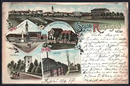 Lithographie Rosslau / Elbe, Totalansicht, Markt, Elbbrücke, Burg & Schloss