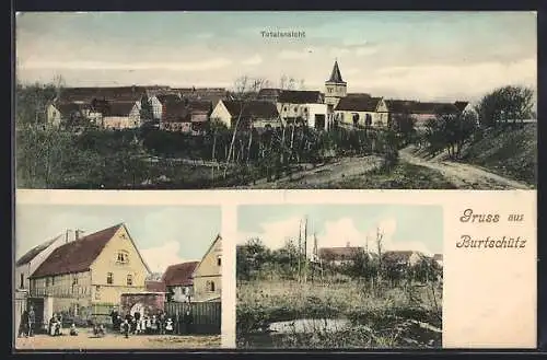 AK Burtschütz, Gasthof, Weiher, Totalansicht