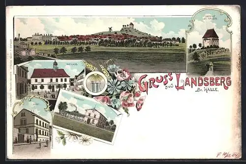 Lithographie Landsberg /Halle, Rathaus, Bahnhof, Post, Kapelle St. Crucis, Totalansicht