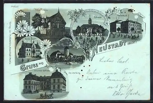 Mondschein-Lithographie Neustadt /Meckl., Villa Podein, Rathaus, Technikum, neues Schloss, alte Burg