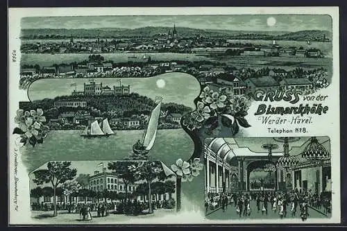 Mondschein-Lithographie Werder /Havel, Gasthaus Bismarckhöhe mit Ball-Saal, Panoramablick
