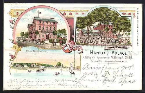 Lithographie Königswusterhausen, R. Käppel`s Restaurant v. W. Heinrich Nachf., Blick auf Rauchfangswerder