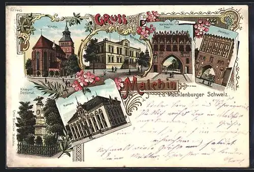 Glitzer-Perl-Lithographie Malchin, Realgymnasium, Steintor, Kalensches Tor, Kirche, Kriegerdenkmal, Rathaus