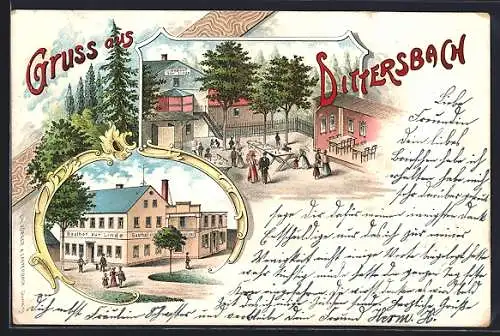 Lithographie Dittersbach / Sa., Gasthof zur Linde und Aussenbereich