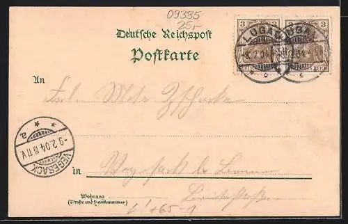 Lithographie Lugau / Sachsen, Gleispartie am Bahnhof, Schule