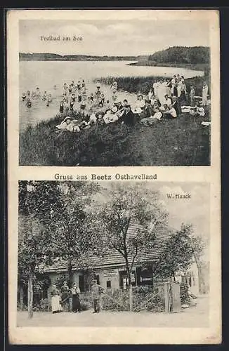 AK Beetz /Osthavelland, Gemischtwarengeschäft W. Haack, Freibad am See
