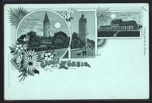 Mondschein-Lithographie Zörbig, Schloss-Turm, Hallischer-Turm, Bahnhof