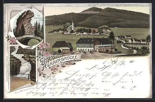 Lithographie Hammerbrücke, Riss-Wasserfall, Weidlich`s Gasthaus, Der Schnecken-Stein