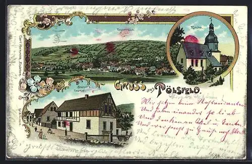 Lithographie Pölsfeld, Brandt`s Gasthof, Kirche, Totalansicht