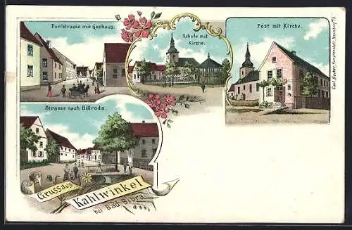 Lithographie Kahlwinkel bei Bad Bibra, Dorfstrasse mit Gasthaus, Schule mit Kirche, Post, Strasse nach Billroda