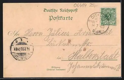 Lithographie Ditfurt, Rathaus, Kirche, Ortsansicht von Süden