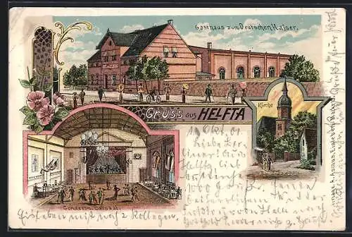 Lithographie Helfta, Gasthaus zum Deutschen Kaiser, Conzert- und Ballsaal, Kirche