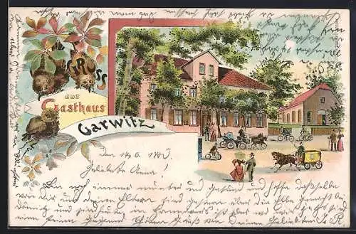 Lithographie Garwitz, Partie vor dem Gasthaus