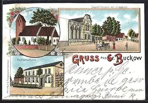Lithographie Gr. Buckow, Gasthof Herrgott mit Umgebung, Kirche, Amtmannshaus