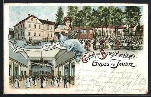 AK Imnitz, Gasthof zum Bergschlösschen mit Saal und Gartenwirtschaft, Laute spielende Dame