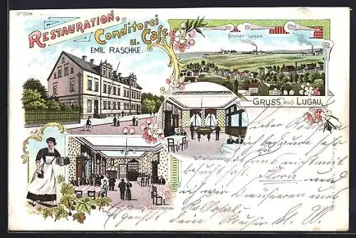 Lithographie Lugau / Sachsen, Conditorei-Café Emil Raschke mit Gast- und Billardzimmer, Ortsansicht