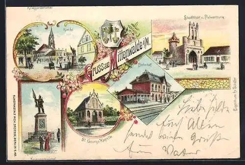 Lithographie Mittenwalde i. M., Bahnhof, Stadttor u. Pulverthurm, St. Georgs Kapelle