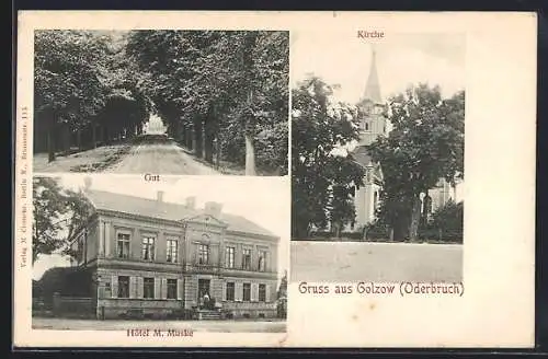 AK Golzow /Oderbruch, Hotel M. Muske, Gut, Kirche
