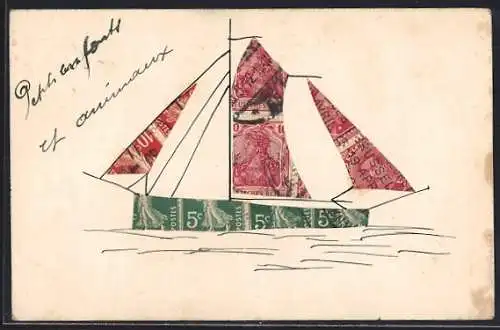 AK Briefmarkencollage in Form eines Segelbootes