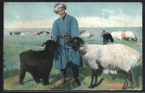 AK Russischer Mann aus Zentralasien mit Schafen