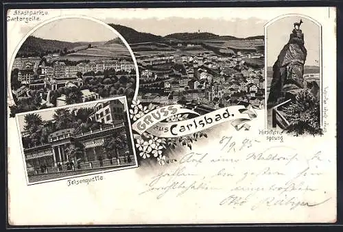 Vorläufer-Lithographie Calrsbad, 1895, Stadtpark und Gartenzeile, Felsenquelle, Hirschensprung