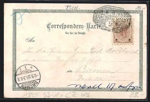 Vorläufer-Lithographie Calrsbad, 1895, Stadtpark und Gartenzeile, Felsenquelle, Hirschensprung