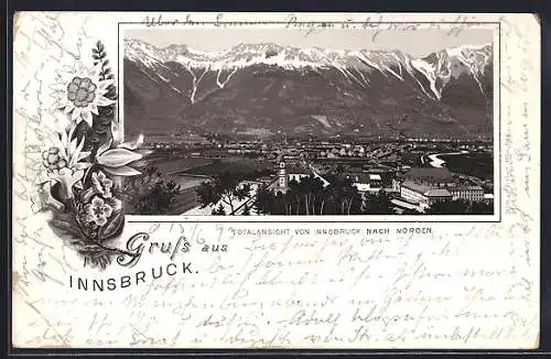 Vorläufer-Lithographie Innsbruck, 1893, Stadtansicht gegen die Berge im Norden