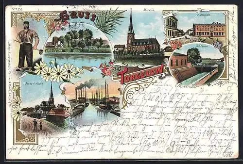 Lithographie Torgelow / Meckl., Marktplatz, Schleuse, Kirche, Ruine, Ueckerbrücke, Hafen