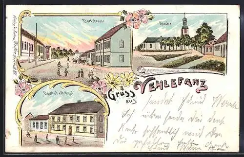 Lithographie Vehlefanz, Gasthof v. W. Vogel, Kirche, Dorfstrasse