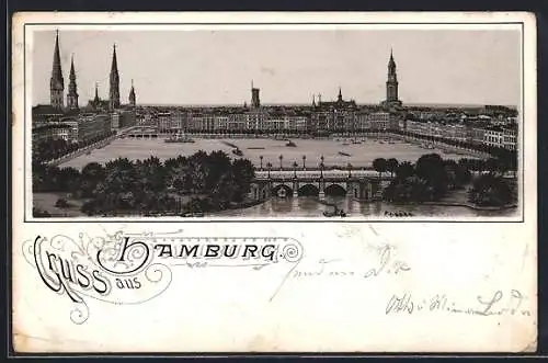 Vorläufer-Lithographie Hamburg, 1891, Alsterbassin mit Lombardsbrücke