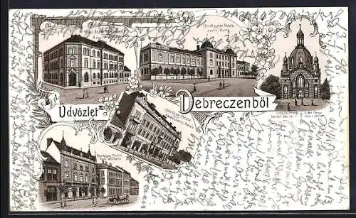 Lithographie Debreczen, Synagoge, K. ung. Staats-Oberrealschule, Justiz-Palais und Handelsbank-Palais