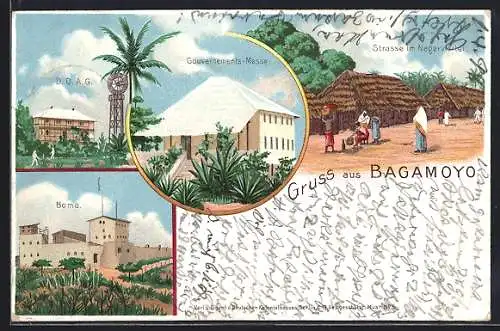 Lithographie Bagamoyo, Borna, Gouvernements-Messe, DOAG, Strasse im Viertel der Einheimischen
